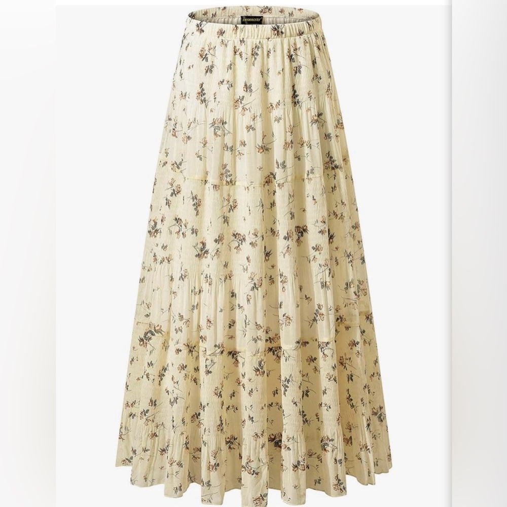 Cream Floral Tiered Maxi Skirt